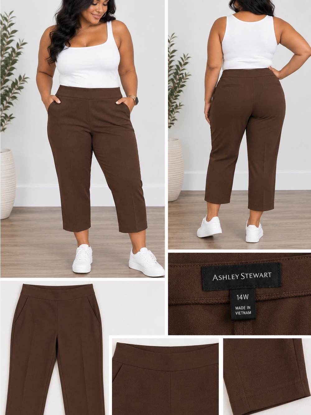 Ashley Stewart Brown Pull-On Cropped Straight Pants